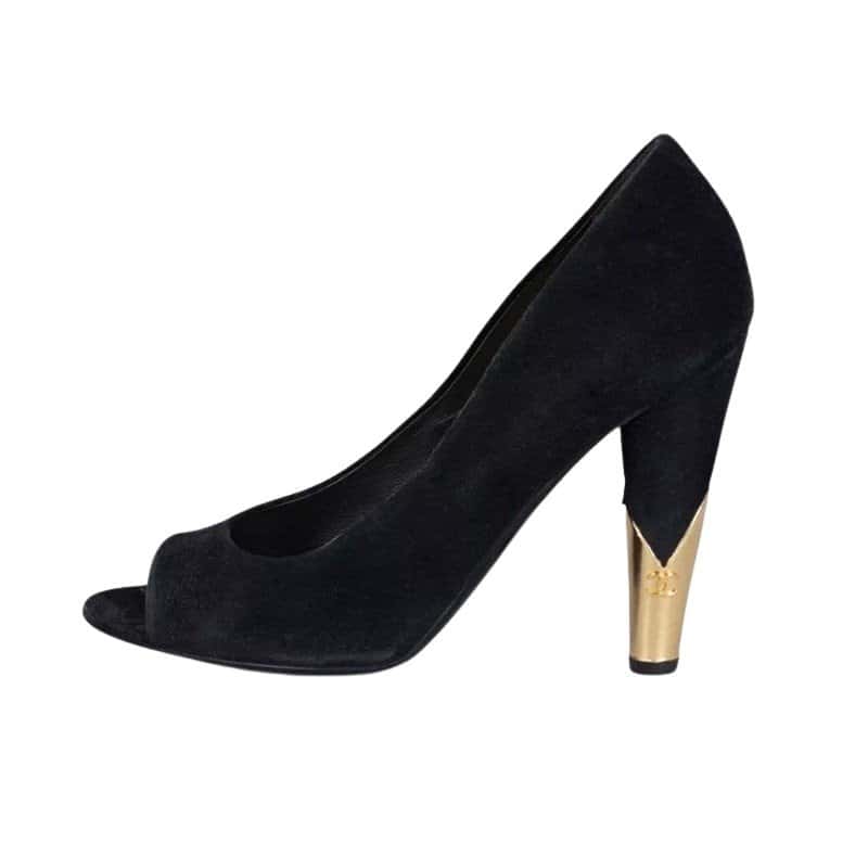 Chanel Chanel Black Suede Gold Accent Open Toe Pumps Sz 40 Pre-owned Black Suede Good condition - Front View
