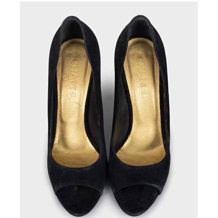 Chanel Chanel Black Suede Gold Accent Open Toe Pumps Sz 40 Pre-owned Black Suede Good condition - Back View