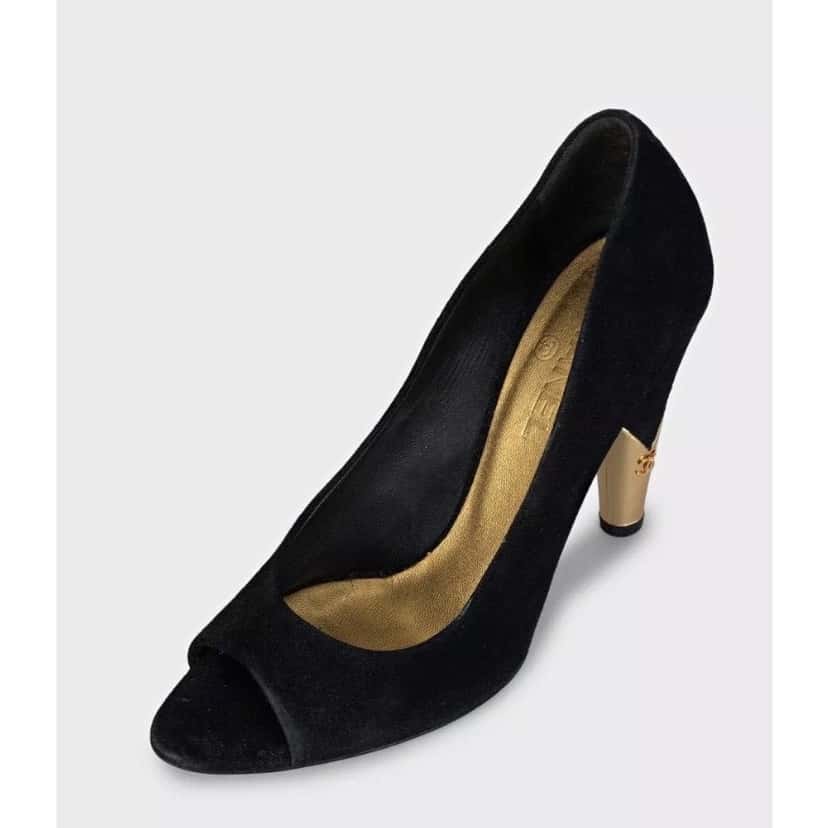 Chanel Chanel Black Suede Gold Accent Open Toe Pumps Sz 40 Pre-owned Black Suede Good condition - Inside View