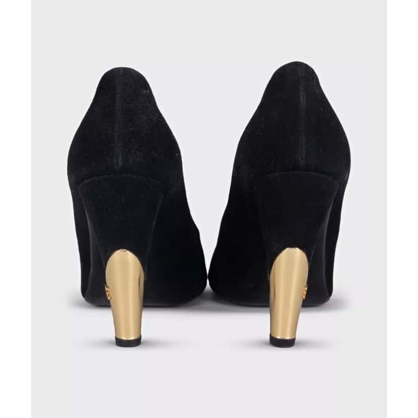 Chanel Chanel Black Suede Gold Accent Open Toe Pumps Sz 40 Pre-owned Black Suede Good condition - Model View