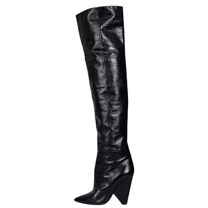Saint Laurent Saint Laurent Niki Black Leather Wedge Over-the-Knee Boots Sz.38 Black Leather Good condition - Front View