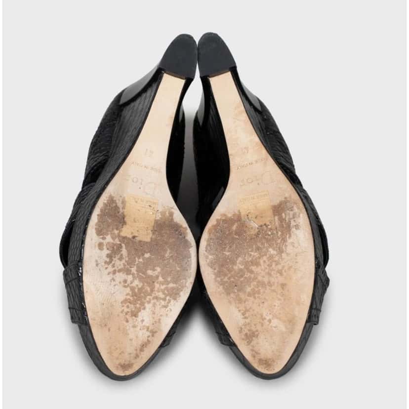 Christian Dior Christian Dior Black Perforated Leather Wedge Sandals Sz.41 Pre-owned Black Leather Good condition - Box View