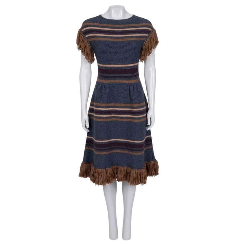 Chanel NWOT Chanel Dallas Cashmere Fringe Dress -Sz. S pre-owned Blue Wool Never worn - Front View