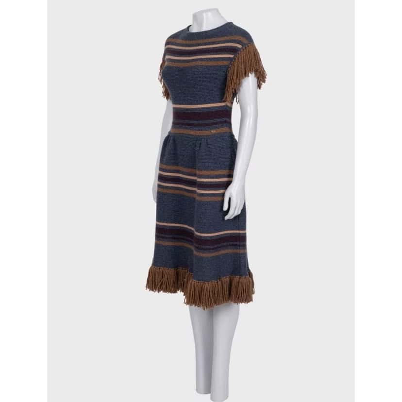 Chanel NWOT Chanel Dallas Cashmere Fringe Dress -Sz. S pre-owned Blue Wool Never worn - Back View