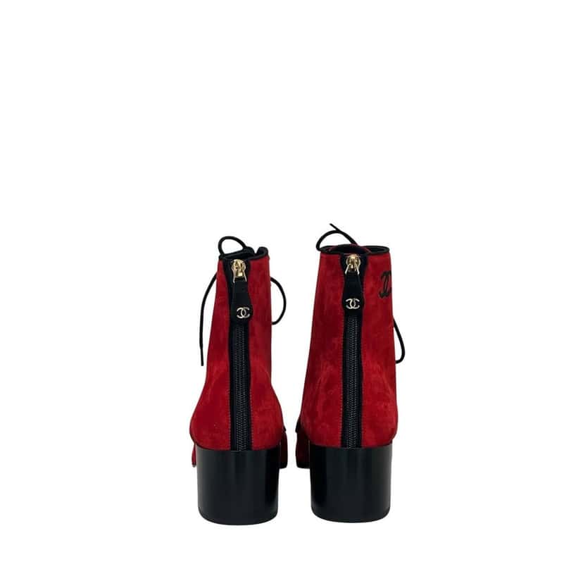 Chanel NWOB Chanel Red Suede 19K Block Heel Lace-Up Boots Sz.41 Pre-owned Red Suede Never worn - Box View