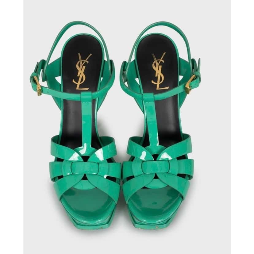 Saint Laurent Saint Laurent Green Leather Platform Sandals Sz.38.5 pre-owned Green Leather Good condition - Back View