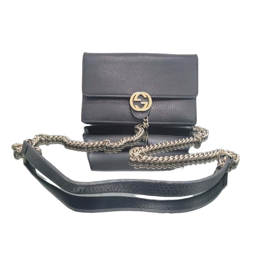 Gucci Gucci Interlocking G Black Leather Wallet on Chain Pre-owned Black Leather Good condition - Front View
