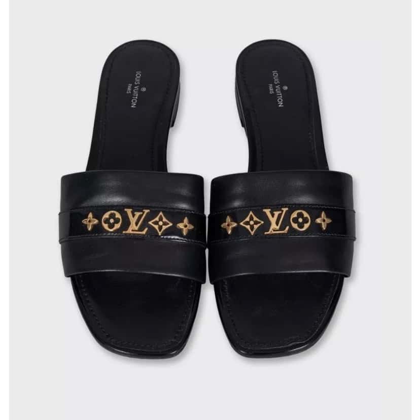 Louis Vuitton Louis Vuitton Black Leather Gold Hardware Slides Sz.39  Pre-owned Black Leather Good condition - Back View