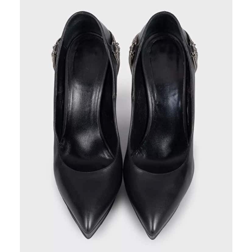 Saint Laurent Saint Laurent Chain-Detail Black Leather Heels Sz.37 Pre-owned Black Leather Good condition - Back View