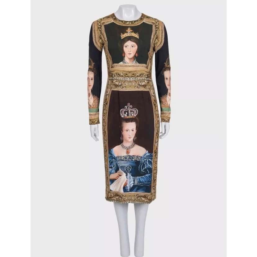 Dolce & Gabbana NWOT Dolce & Gabbana Renaissance Queen Print Midi Dress - IT42 / M Pre-owned Black Silk Never worn - Front View