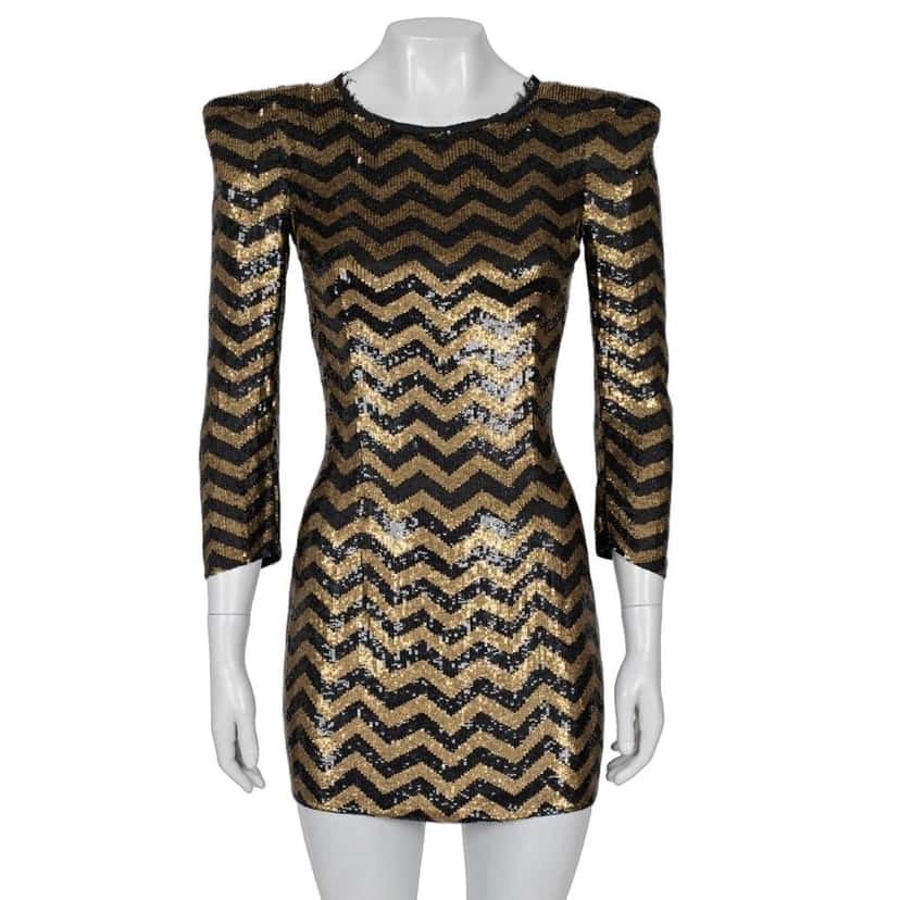 Balmain Balmain Striped Sequin Silk Mini Dress - Size S pre-owned Gold Silk Good condition - Front View