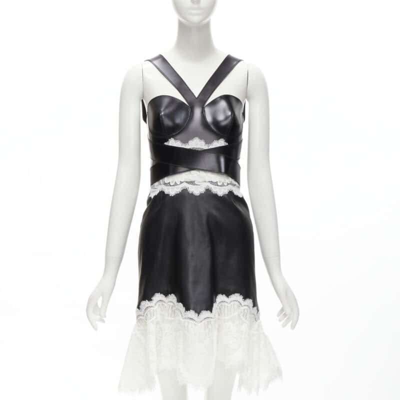 Alexander McQueen Lace Bustier Dress Black Leather Never worn - Front View
