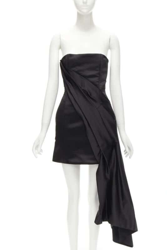 Halpern Black Satin Draped Dress Black Polyester Never worn - Front View