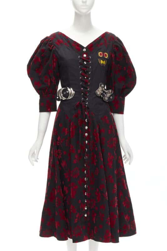Chopova Lowena Red Velvet Victorian Dress Black Cotton Never worn - Front View