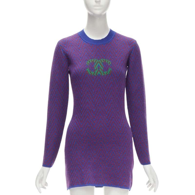 Chanel Chevron Crystal Dress Blue Cashmere Never worn - Front View