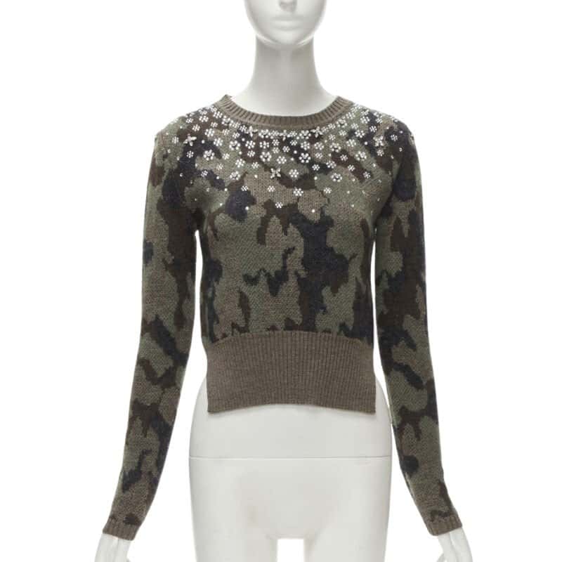 Giambattista Valli Camo Crystal Sweater Green Wool Never worn - Front View