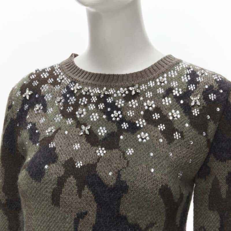 Giambattista Valli Camo Crystal Sweater Green Wool Never worn - Back View