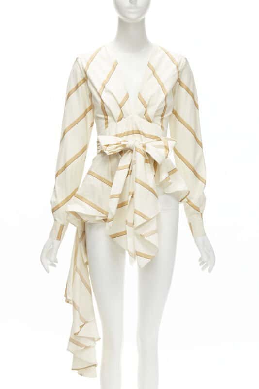 Johanna Ortiz Striped Tie Blouse Beige Cotton Never worn - Front View