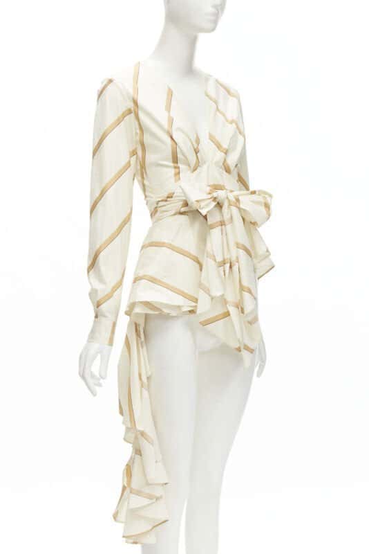 Johanna Ortiz Striped Tie Blouse Beige Cotton Never worn - Inside View