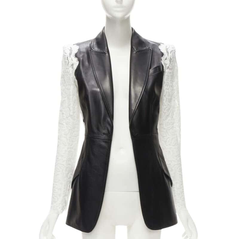 Alexander McQueen Lace Trim Blazer Black Leather Never worn - Front View