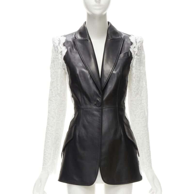 Alexander McQueen Lace Trim Blazer Black Leather Never worn - Inside View