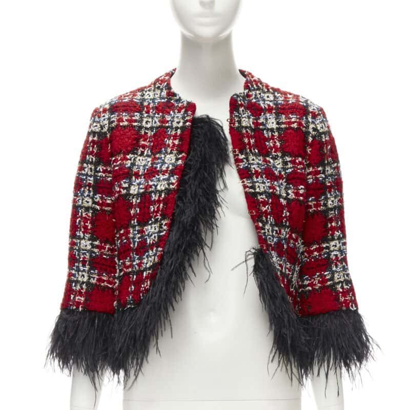 Halpern Feather Trim Jacket Red Tweed Never worn - Inside View