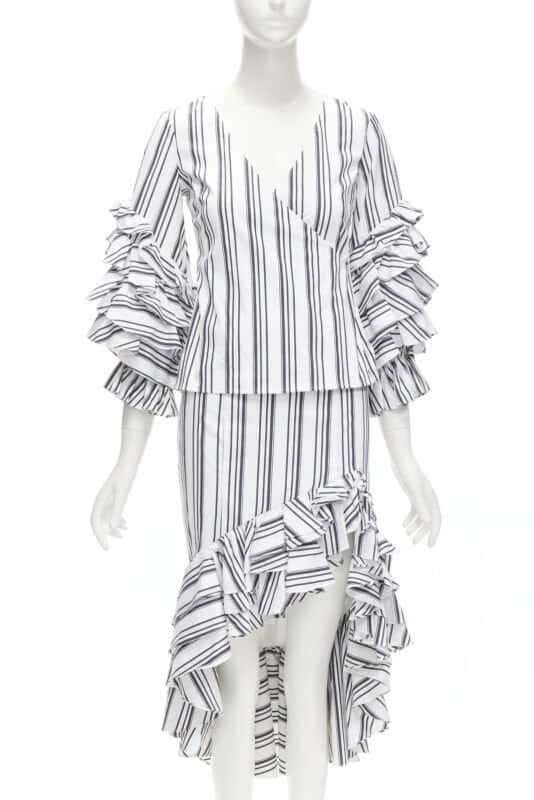 Caroline Constas Ruffled Stripes Set White Cotton Never worn - Front View