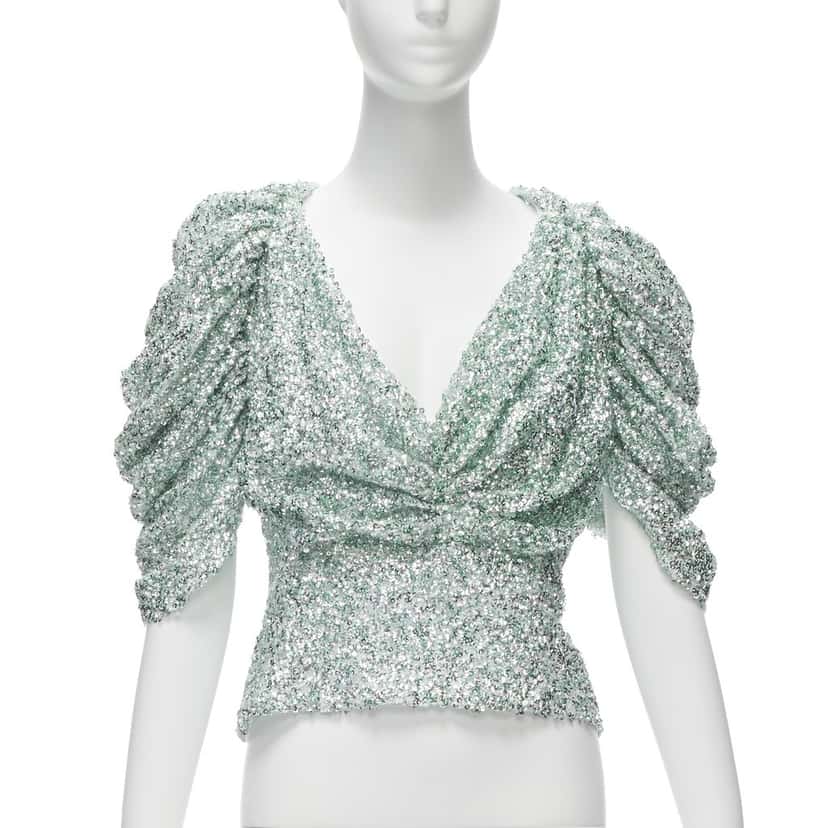 Halpern Sequin Puff Top Green Polyester Never worn - Front View