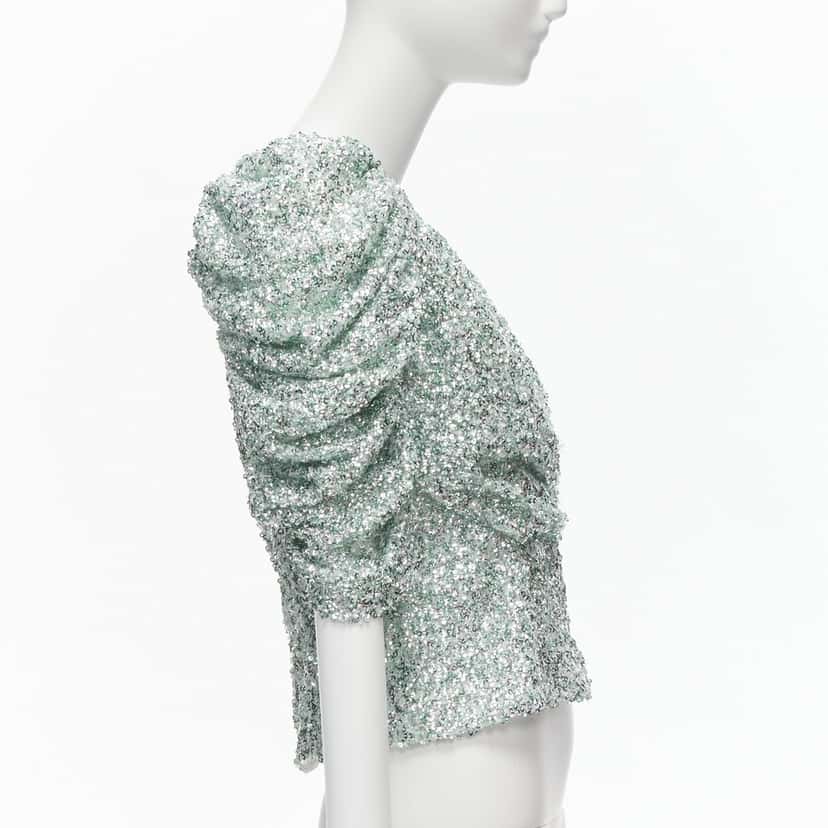 Halpern Sequin Puff Top Green Polyester Never worn - Model View