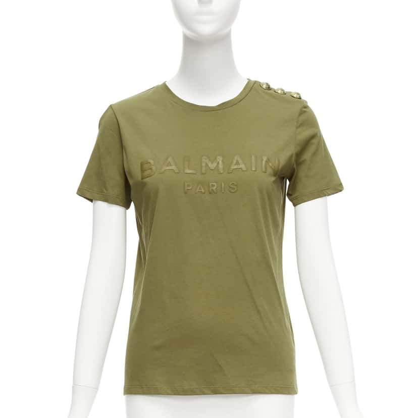 Balmain Distressed Logo Shirt Green Cotton Very good condition - Front View