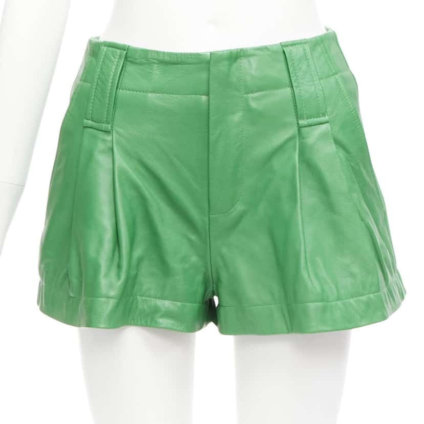 Ganni Flared Leather Shorts Green Leather Very good condition - Front View