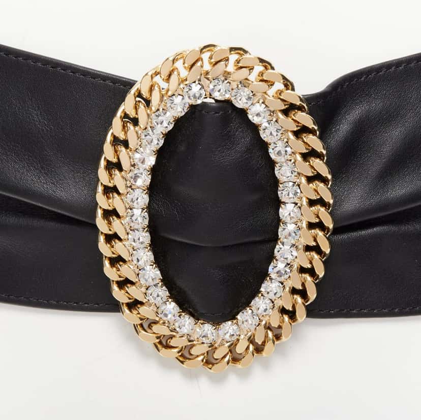 Alessandra Rich Stripe Fabric Skinny Belt Black Leather Very good condition - Back View