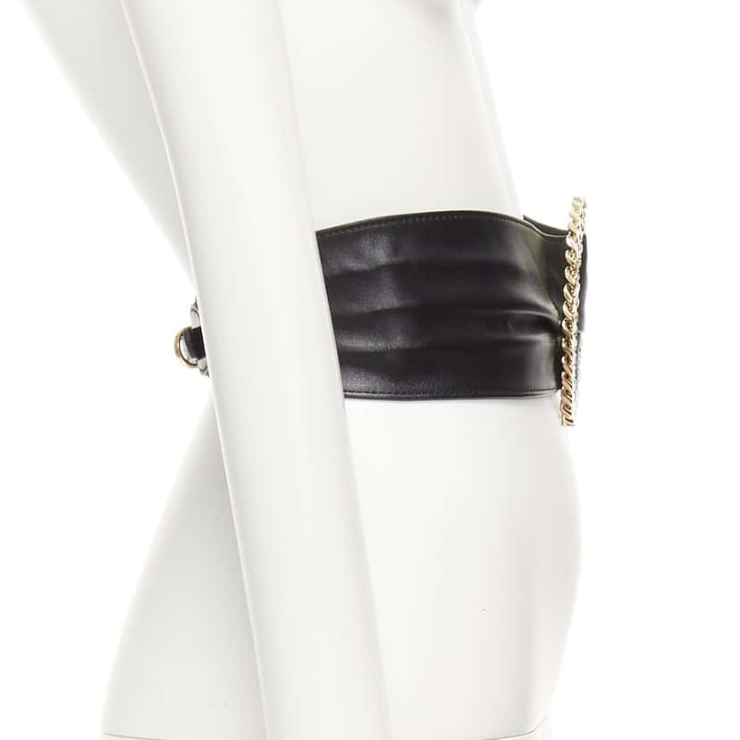 Alessandra Rich Stripe Fabric Skinny Belt Black Leather Very good condition - Model View