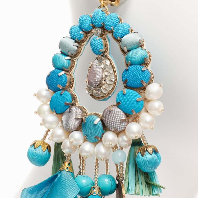 Ranjana Khan Pearl Stone Earrings Green Metal Fair condition - Box View