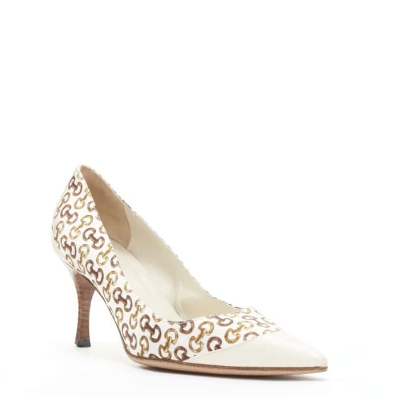 Gucci White Horsebit Pumps Ecru Polyester Good condition - Back View