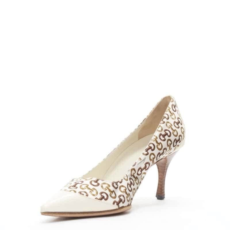 Gucci White Horsebit Pumps Ecru Polyester Good condition - Model View