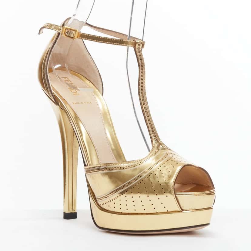 Fendi Flo T-Strap Platforms Gold Leather Fair condition - Back View