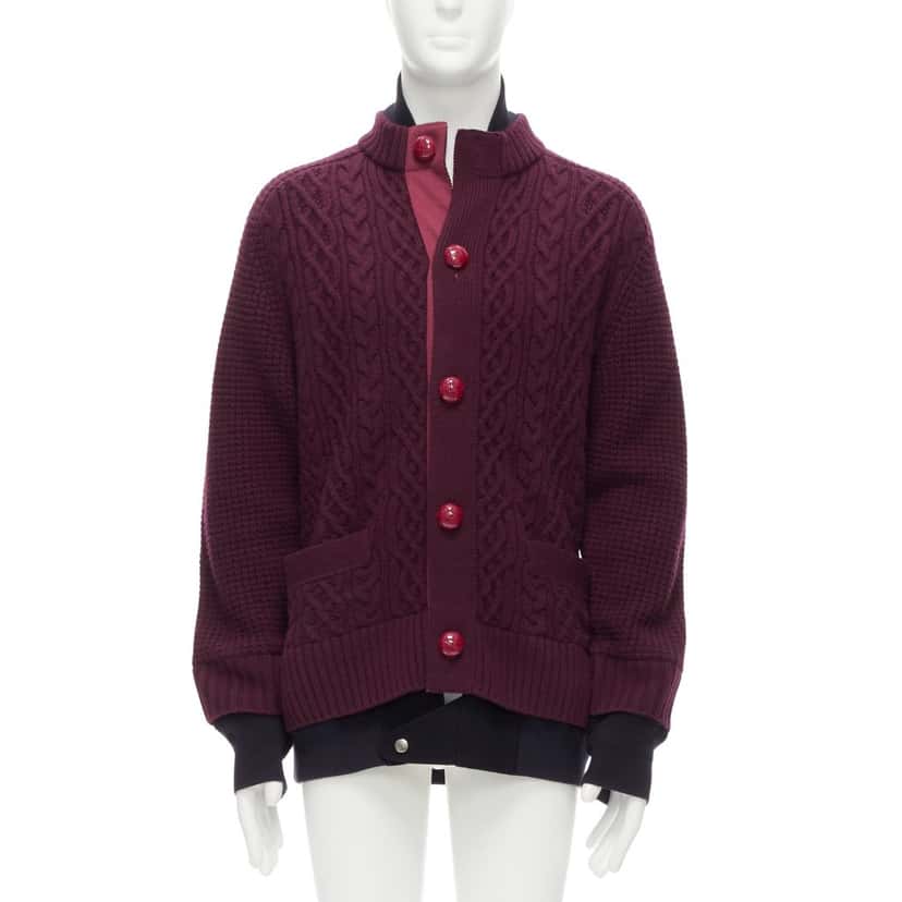 Sacai Layered Hem Cardigan Burgundy Wool Very good condition - Front View