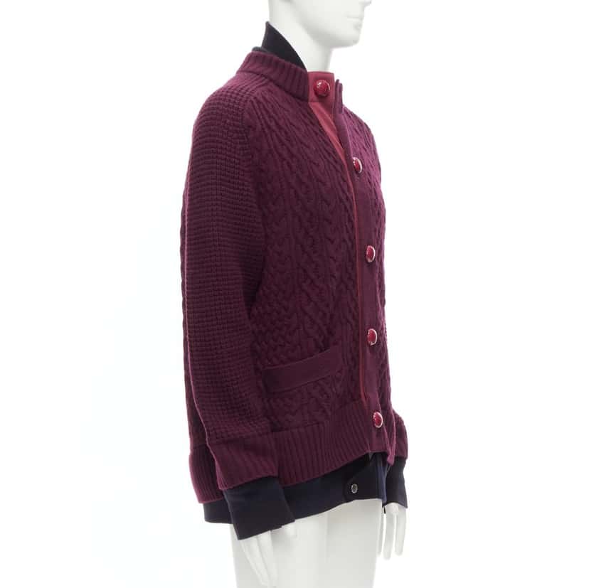 Sacai Layered Hem Cardigan Burgundy Wool Very good condition - Model View