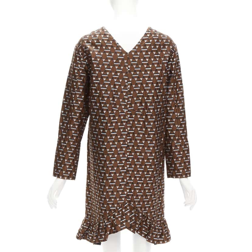 Marni Geometric Frill Dress Brown Cotton Very good condition - Box View