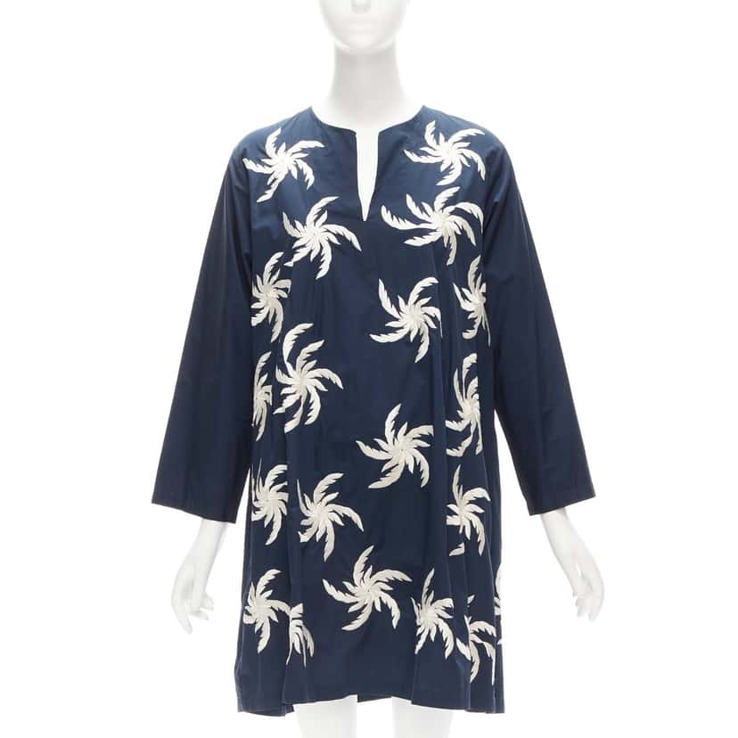 Dries Van Noten Floral Boxy Dress Navy Cotton Never worn - Front View