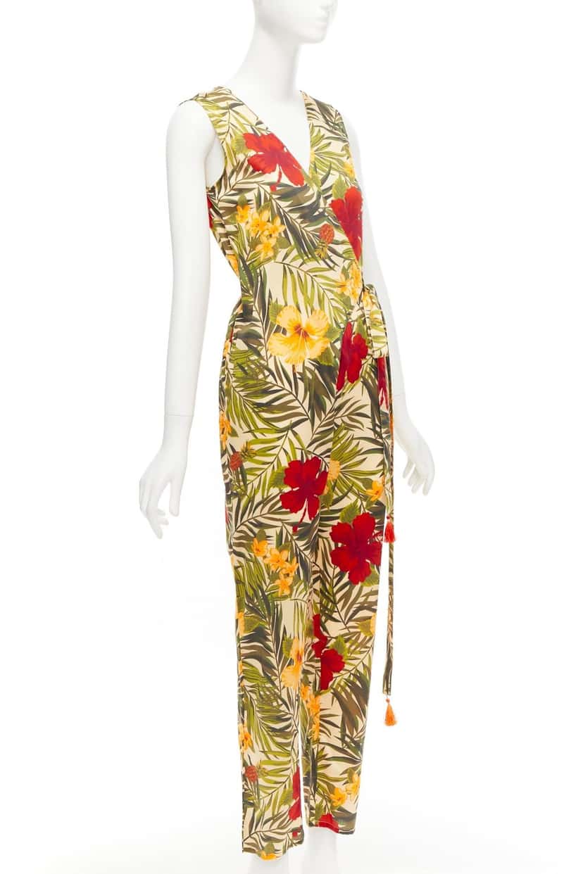 Miguelina Tropical Wrap Jumpsuit MultiColor Cotton Never worn - Inside View