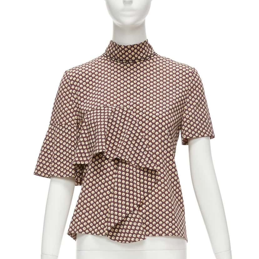 Marni Floral Ruffle Top Brown Silk Never worn - Front View