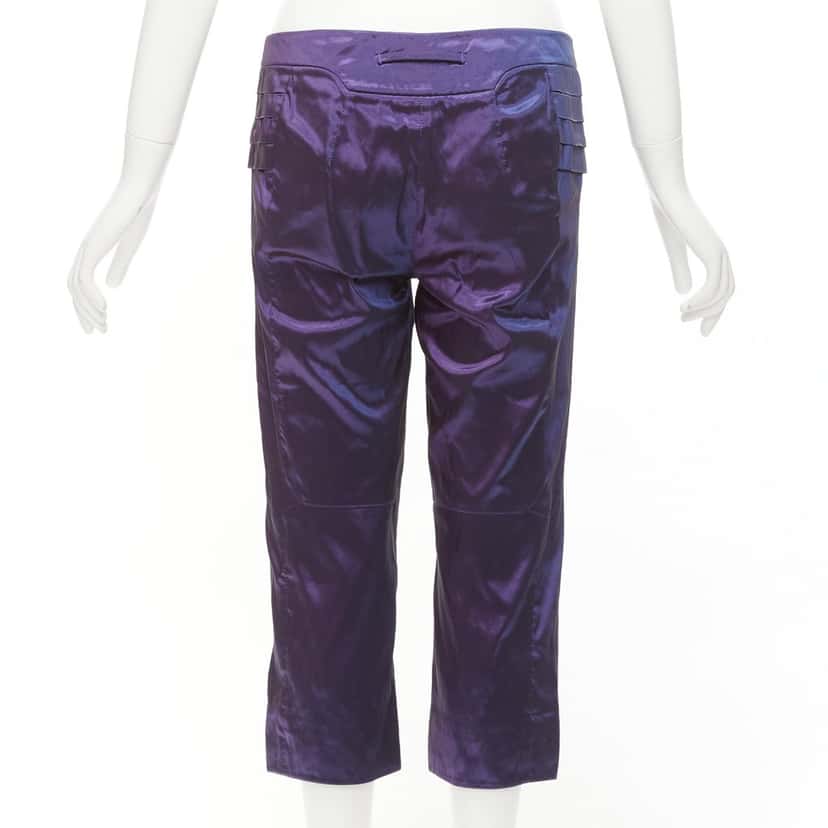 Shiatzy Chen Holographic Knee Pants Purple Silk Never worn - Box View