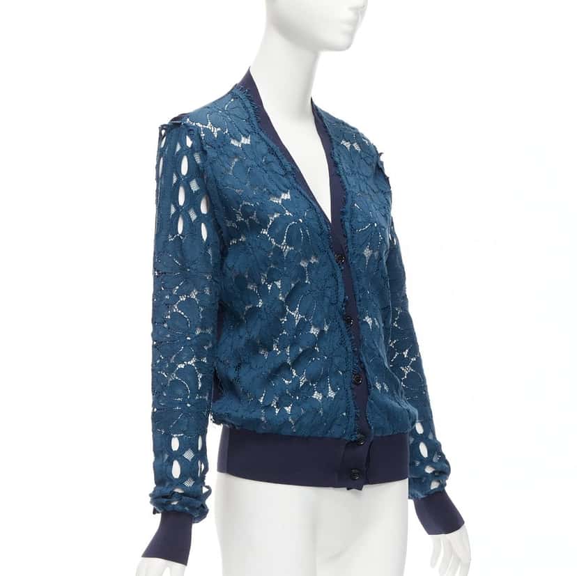 Lanvin Floral Lace Cardigan Blue Silk Never worn - Model View