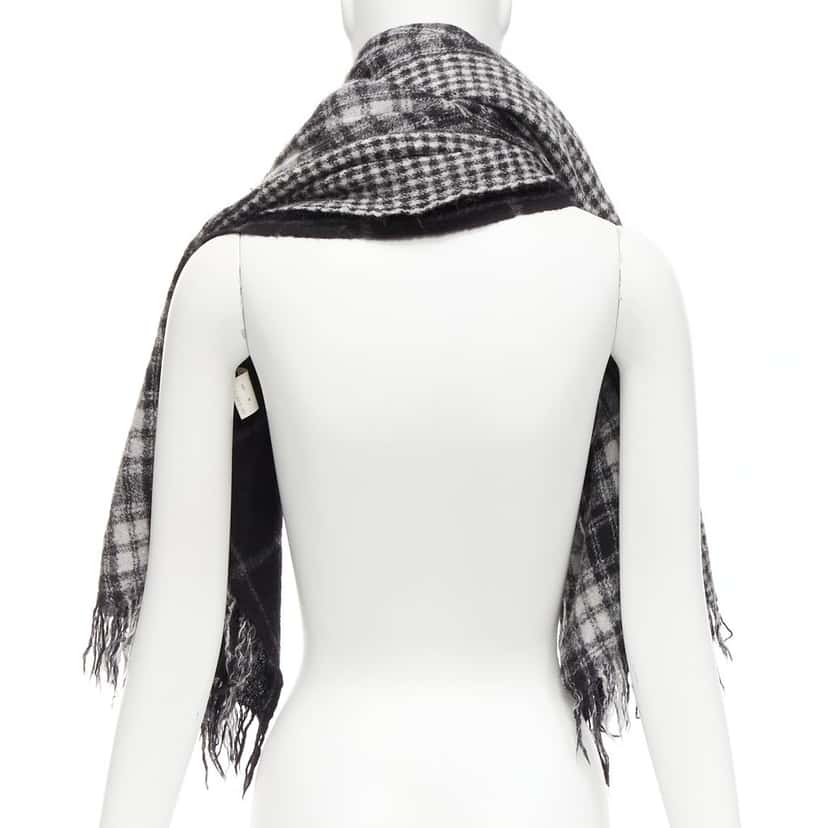 YOHJI YAMAMOTO Check Fringe Scarf Grey Wool Very good condition - Box View