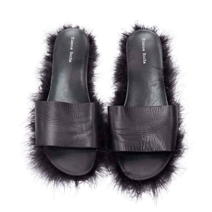 Simone Rocha Feather Trimmed Slides Black Leather Good condition - Front View