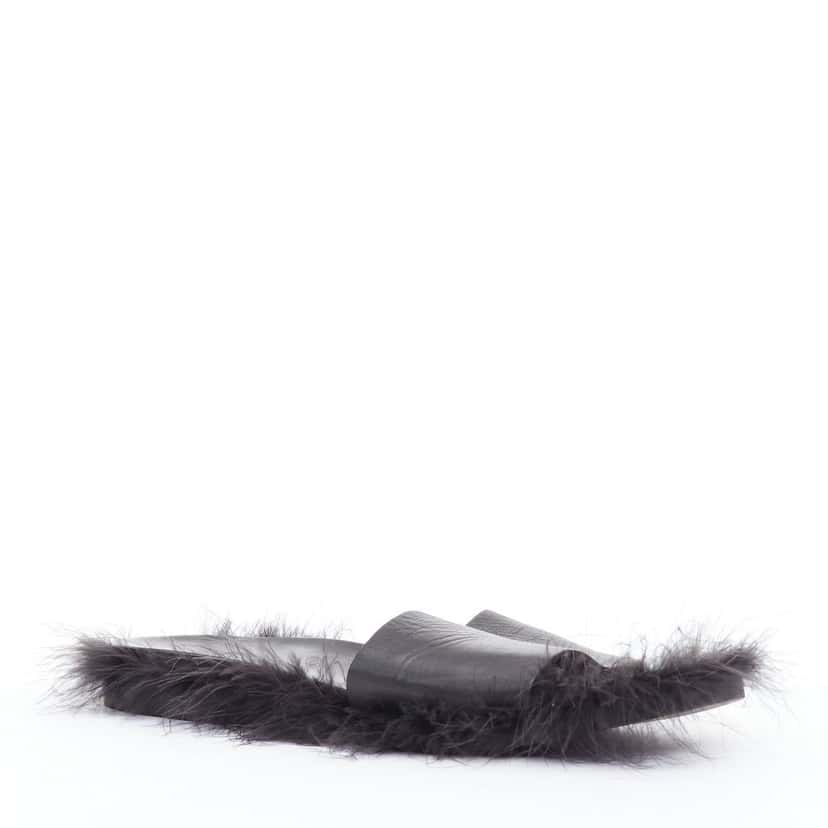 Simone Rocha Feather Trimmed Slides Black Leather Good condition - Back View