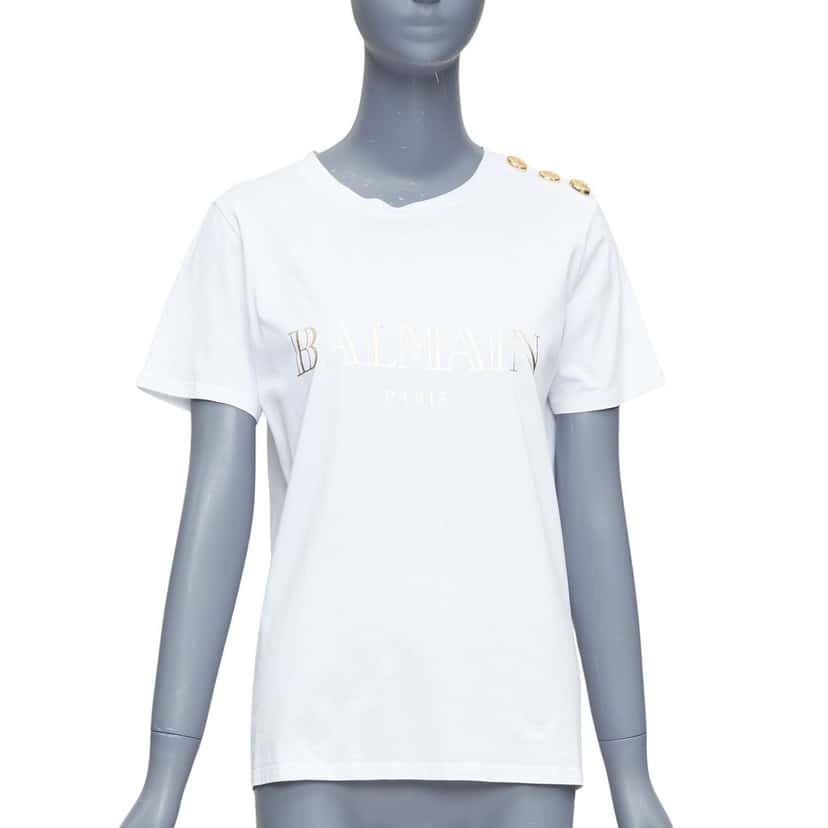 Balmain Gold Foil Logo Tee White Cotton Good condition - Front View