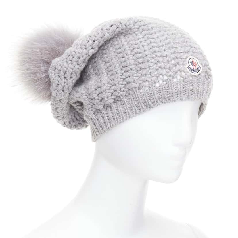 Moncler Fur Pom Knit Beanie Grey Very good condition - Front View